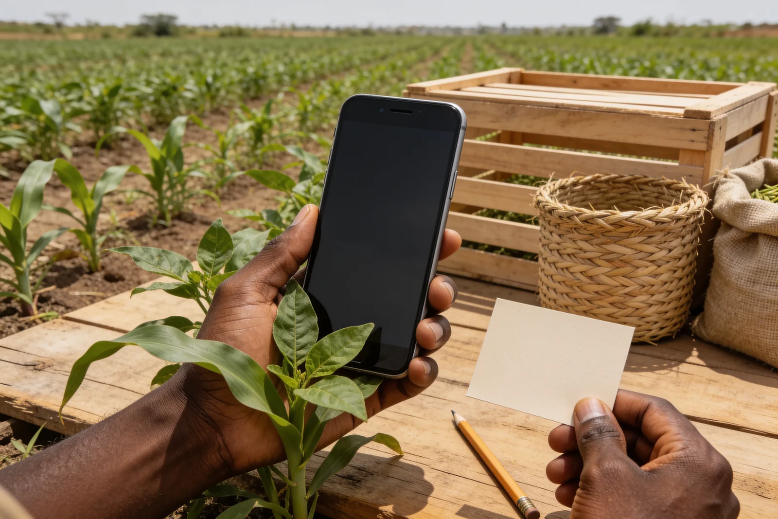 Illustrative farmer holding a phone in a farm setting